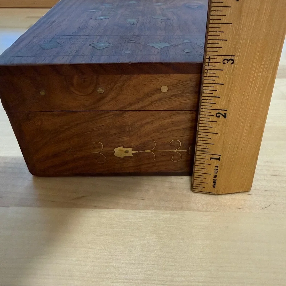 Vintage Wooden Brass Inlaid Boho Hinged Velvet Lined Trinket Boxes Lot of 2